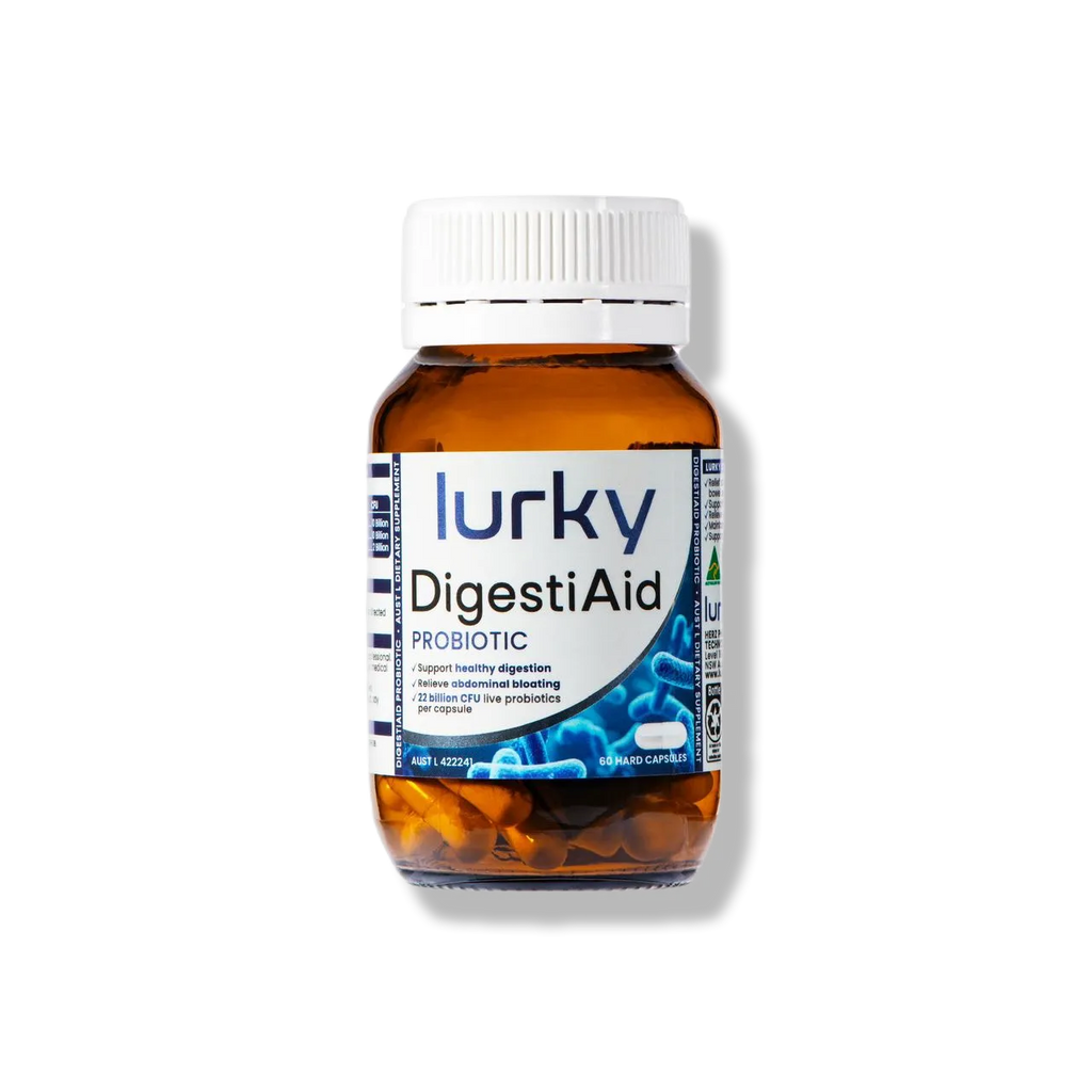 Lurky DigestiAid Digestive Aid Probiotic Supplement features 22 Billion CFU probiotics, designed for gut health support, constipation relief, bloating reduction, and IBS support. This lactic acid bacteria supplement also promotes immune support and overall digestive health.