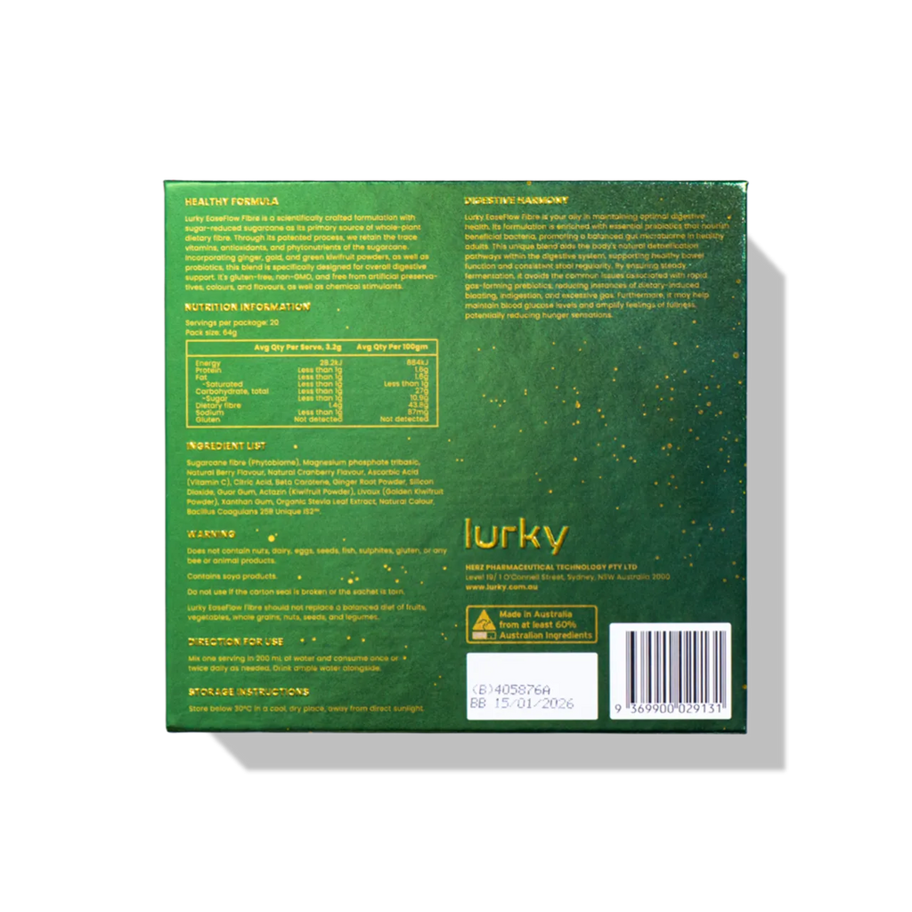 Lurky EaseFlow Fibre Pro combines prebiotics and probiotics with golden kiwifruit, green kiwi, and ginger extracts to support digestive health, alleviate IBS symptoms, and aid in weight management.