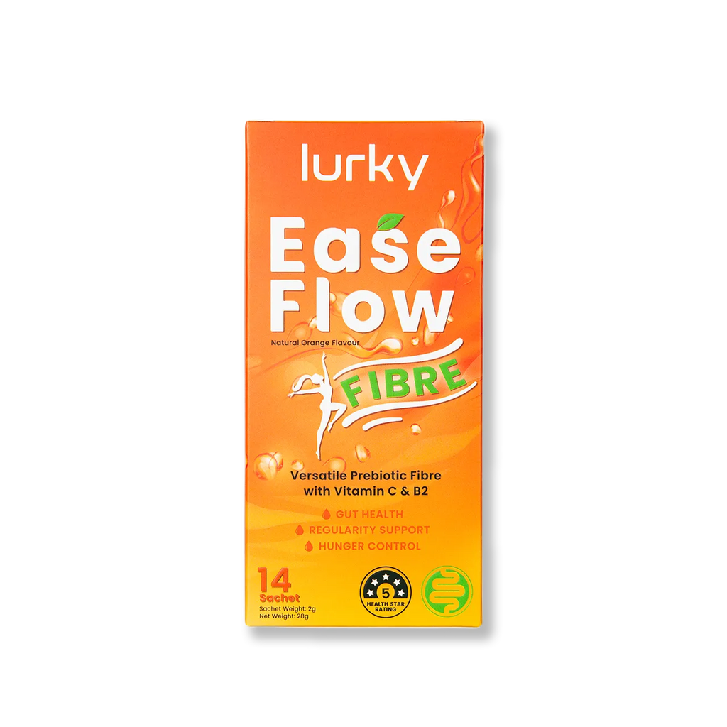 Lurky EaseFlow Fibre with Vitamin C and B2 is a digestive health supplement combining virgin sugarcane fibre, Vitamin C, and Vitamin B2 to promote a balanced gut microbiome, aid regular bowel movements, manage blood sugar levels, and enhance fullness for better appetite control.