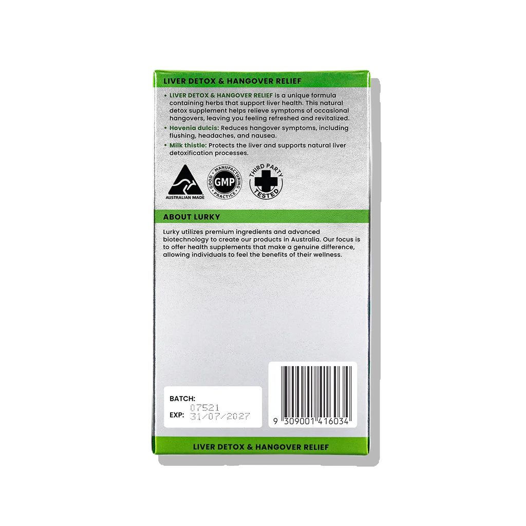 Lurky Liver Detox & Hangover Relief is a high-potency natural supplement formulated to support liver health. Enriched with Silymarin and other herbal ingredients, it helps protect the liver and manage symptoms associated with occasional overindulgence, such as headaches, fatigue, and nausea.