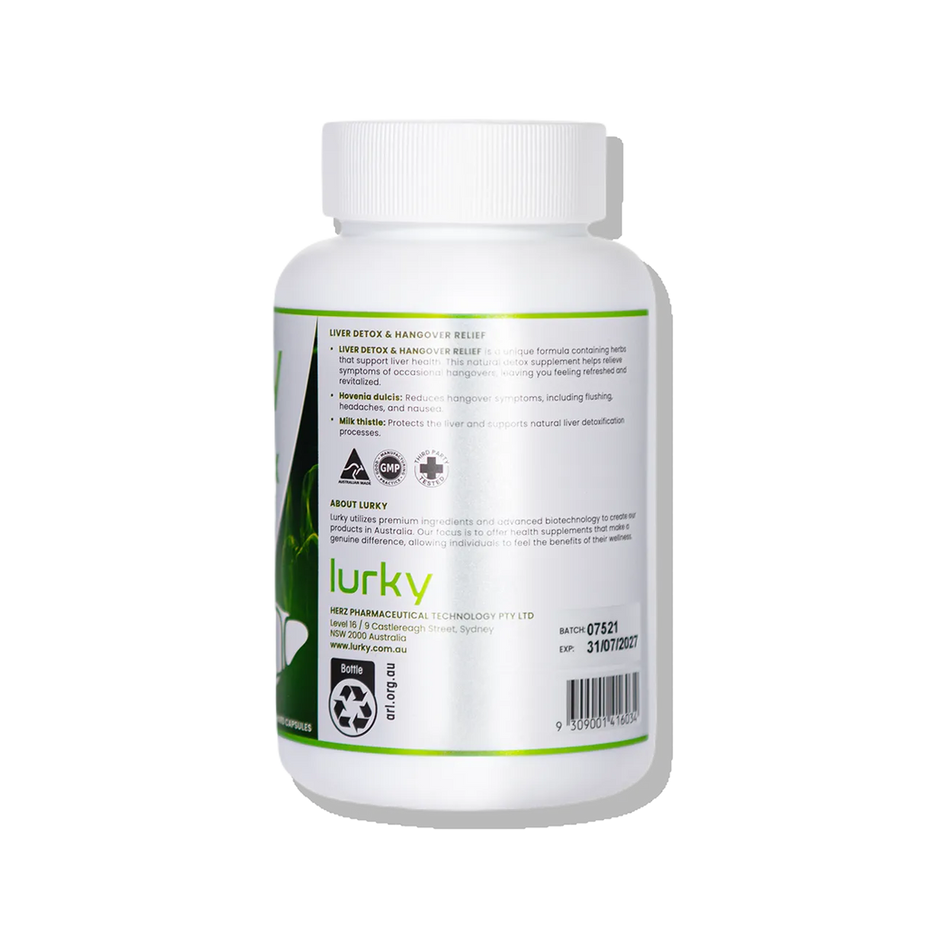 Lurky Liver Detox & Hangover Relief is a high-potency natural supplement formulated to support liver health. Enriched with Silymarin and other herbal ingredients, it helps protect the liver and manage symptoms associated with occasional overindulgence, such as headaches, fatigue, and nausea.