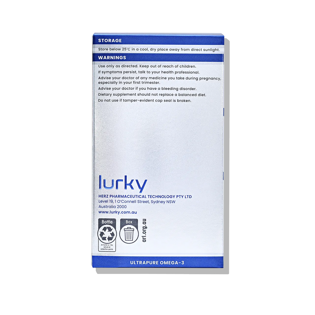 Lurky UltraPure Omega-3 is a high-potency fish oil supplement with over 96.6% Omega-3 concentration, sourced sustainably from Peruvian cold-water fish, designed to support cardiovascular health, balance blood fats, and reduce inflammation.