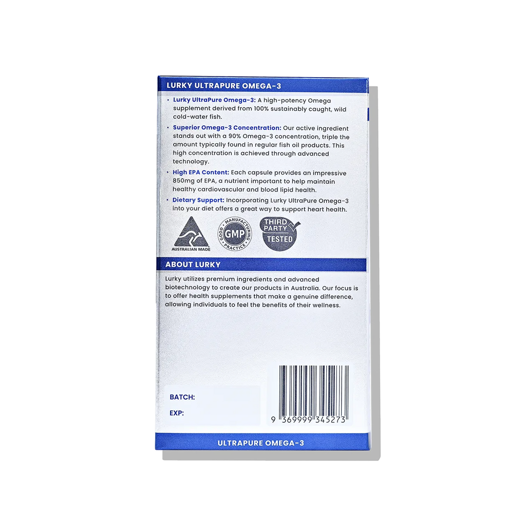 Lurky UltraPure Omega-3 is a high-potency fish oil supplement with over 96.6% Omega-3 concentration, sourced sustainably from Peruvian cold-water fish, designed to support cardiovascular health, balance blood fats, and reduce inflammation.